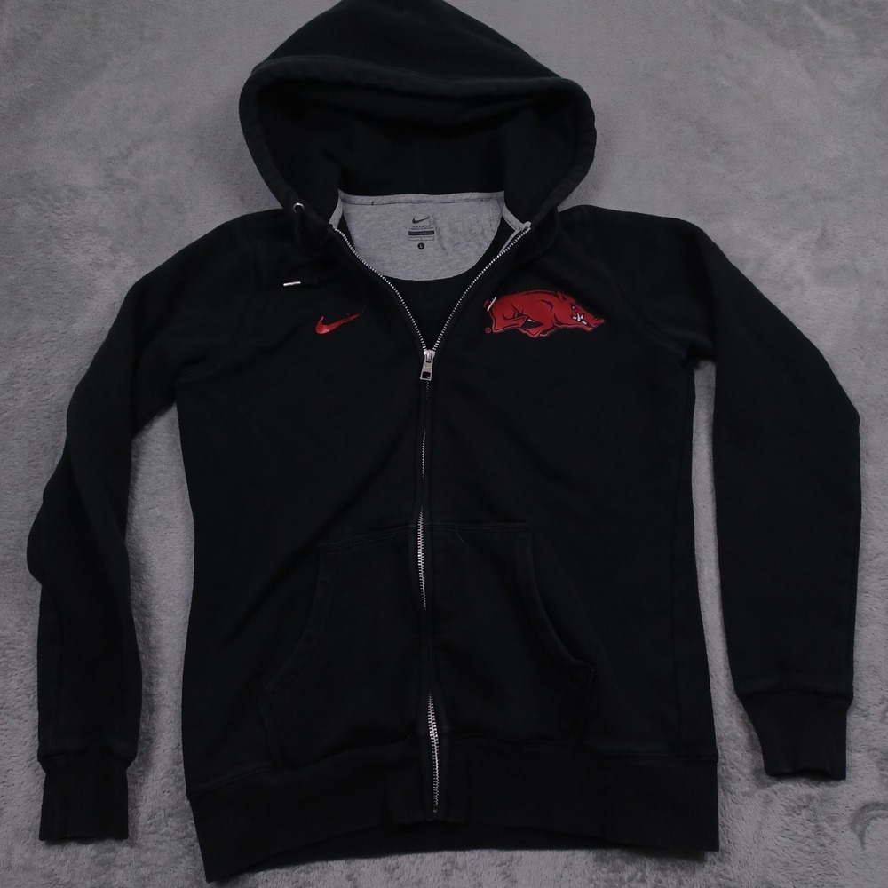 Arkansas Razorbacks Jacket Womens Large Black Nike Full Zip Hooded Casual‎